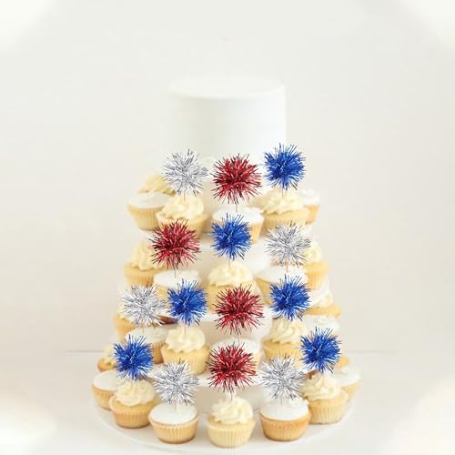 30 PCS Foil Firework Cupcake Toppers Sparkle Tinsel Cupcakae Picks 4th of July Decorations Cocktail Fruit Toothpick for Fireworks Theme Birthday Wedding Graduation Party Decor Supplies Blue Red Silver (30 Count)