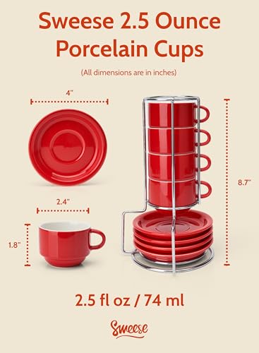 2.5 Ounce Porcelain Stackable Espresso Cups with Saucers and Metal Stand Set of 4