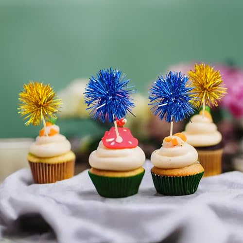 30Pcs Foil Firework Cupcake Toppers Sparkle Tinsel Cake Toppers Tinsel Drink Cake Decoration Cocktail Picks for Birthday Wedding Graduation Party Supplies Gold Dark Blue (30 Count)