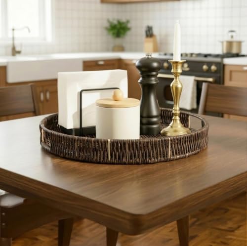 Round Ottoman Tray Large Wicker Serving Tray with Handles