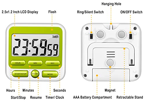 4-in-1 Digital Timer with Count Up/Down, Clock & Alarm, Ring & Silent Modes