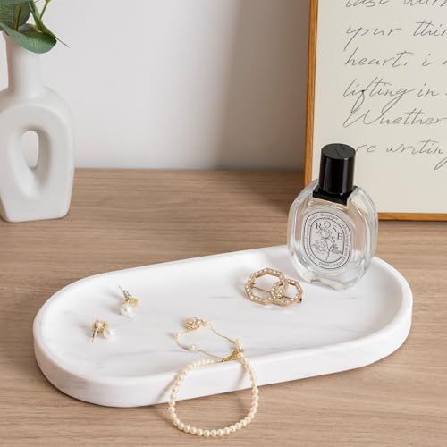 White Marble Oval Tray for Bathroom Countertop