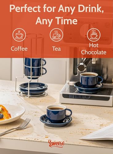 2.5 Ounce Porcelain Stackable Espresso Cups with Saucers and Metal Stand Set of 4