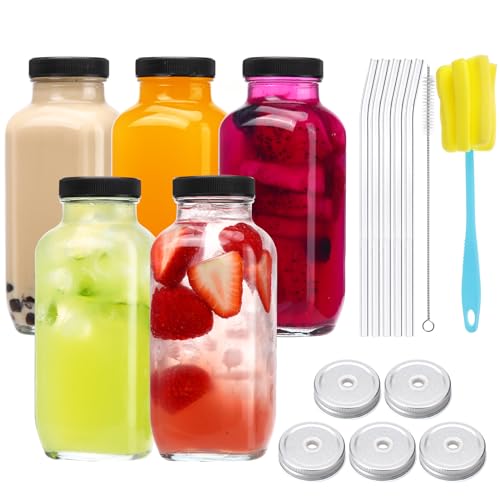 5pcs 16oz Glass Juice Bottles with Lids (5 Count)