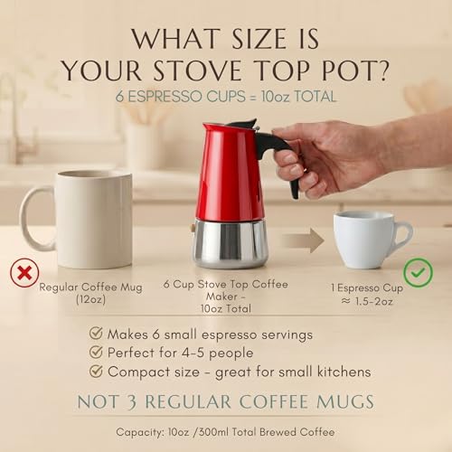 6 Cup Greca Moka Pot Red Stainless Steel Stovetop Espresso Maker (6 Espresso Cups)