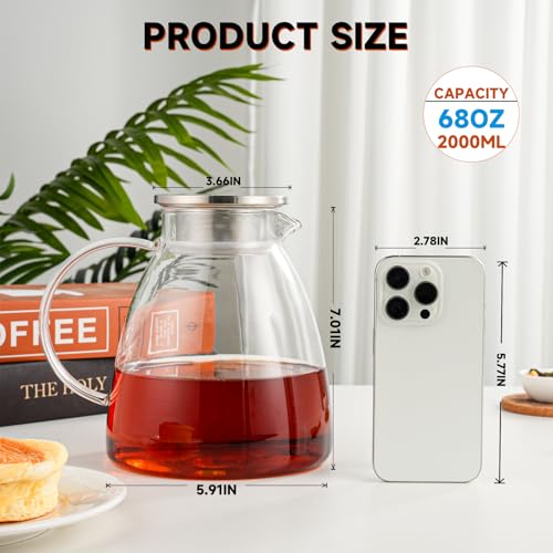 68OZ 2000ML One Touch Glass Teapot with Stainless Steel Filter Lid
