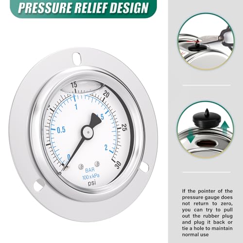 0 30PSI Panel Mount Front Flanged Glycerin Filled Pressure Gauge