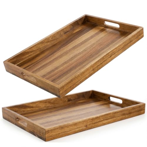 2 Pack 17 x 12 Inch Acacia Wood Serving Tray with Handles (2 Count)