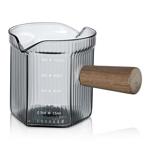 4 oz Grey Double Spouts Measuring Triple Pitcher Milk Cup with Wood Handle (4 Ounce)