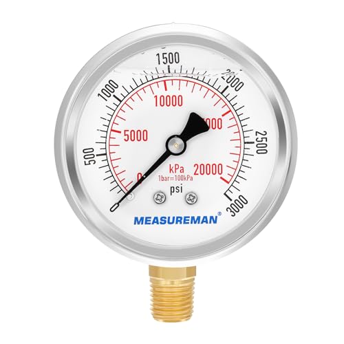 2-1/2" dial,Glycerin Filled, Stainless Steel case, Brass Inside, 0-3000psi/kpa,1/4" NPT Lower Mount
