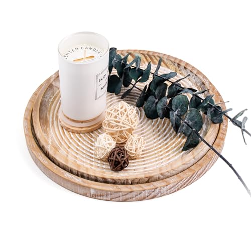 Rustic Wooden Serving Tray Set of 2 Round Wood Decorative Tray Centerpiece Dining Room Table Farmhouse Platter for Food (2 Count)