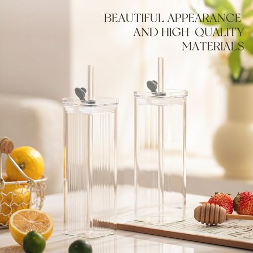 12 Sets Square Drinking Glass Cups with Lids & Straws