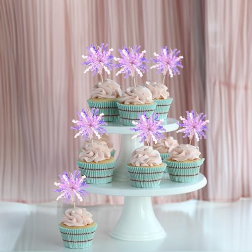 30Pcs Foil Firework Cupcake Toppers Happy Birthday Cake Toppers Tinsel Flower Drink Stirrers Cocktail Food Fruit Toothpicks for Valentine's Day Party Birthday Wedding Supplies Purple (30 Count)