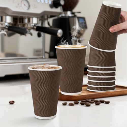 500 Pack 16oz Insulated Disposable Paper Coffee Cups Brown (500 Count)
