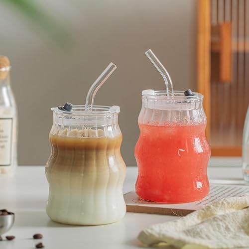 4PCS Ribbed Glass Cups with Lids & Straws