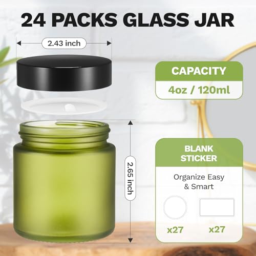 24 Pack 4 oz Green Glass Jars with Lids (24 Count)