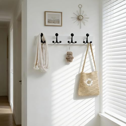 24 Inch White Wood Coat Rack Wall Mount with 4 Triple Hooks (2 Count)