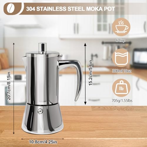 304 Thickened Stainless Steel Uncoated 6 Cup Moka Pot Coffee Maker