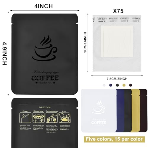 75 Pack Pour Over Coffee Filter Bags with 75 Foil Storage Pouches (75 Count)