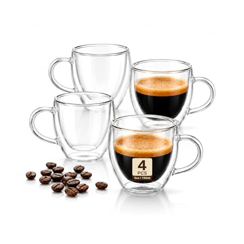 5oz Double Walled Glass Coffee Mugs with Handles (4 Count)