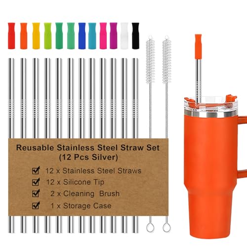 Newly Upgraded 8.5In Reusable Stainless Steel Straws Set 12 PCS with 12 Silicone Tips (12 Count)