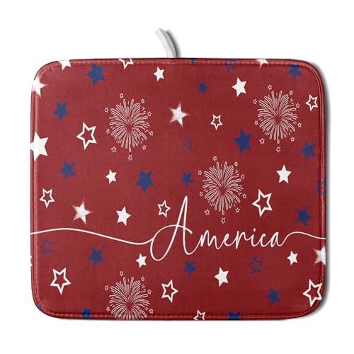 4th of July Dish Drying Mat 16"x18" Patriotic Usa Stars America Firework Dish Drainer Mats Independece Day Reversible Microfiber Dish Drying Pad for Kitchen Countertop Small Decor