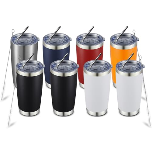20oz Tumbler with Straw Stainless Steel Insulated Coffee Tumbler Cups Double Wall Vacuum Travel Coffee Mug with Splash Proof Sliding Lid for Hot Cold Drinks (8 Count)