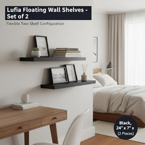 Set of 2 Black MDF Floating Wall Shelves with Hidden Brackets (2 Count)