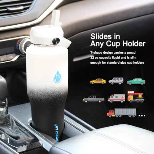 32oz Water Bottle Wide Mouth Stainless Steel Vacuum Insulated Double Wall with 2 Straw Lids Fit in Any Car Cup Holder