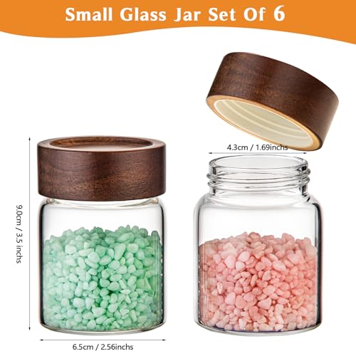 6 pc Glass Spice jars Glass Jars with Screw Lid 5 oz Acacia Wood Glass Herb Sugar Coffee Bean Ground Container Food Storage Canister for Candy Pantry Tea Seasoning Meal Prep Snack