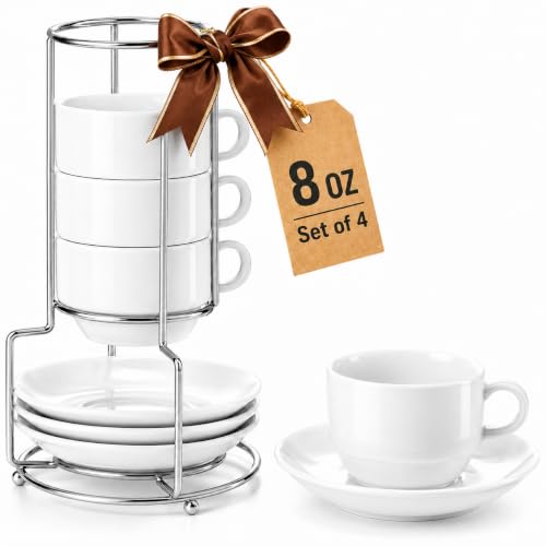 8 oz Porcelain Cappuccino Cups with Saucers and Metal Stand (4 Count)
