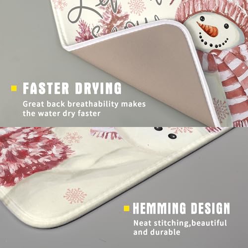 Pink Snowman Dish Drying Mat Xmas Trees Bird Winter Snowy Scene Dish Drainer Mats 16"x18" Microfiber Reversible Dish Drying Rack Pad Protector for Kitchen Countertop Decor