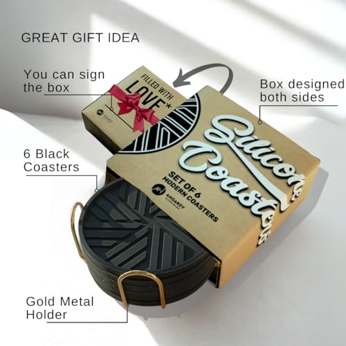Black Coasters Set of 6 with Gold Holder