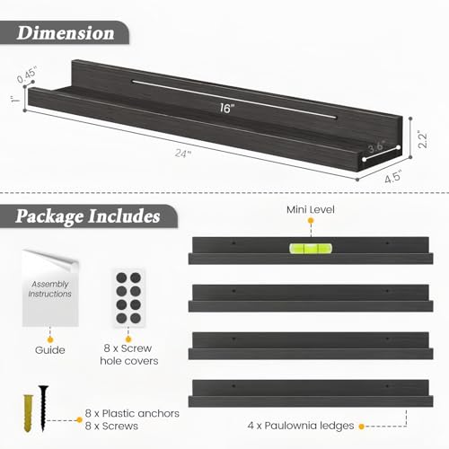 24 Inch Black Floating Picture Ledge Shelf (4 Count)