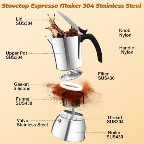 No Coating 4 Cup Thickened 304 Stainless Steel Moka Pot