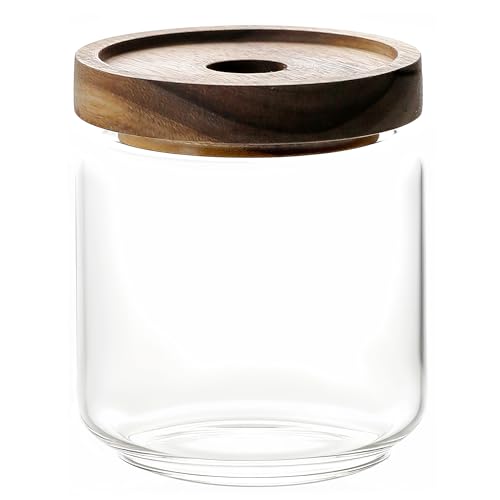 480ML 16Oz Clear Cute Glass Storage Canister Holder with Stackable Airtight Wood Lid
