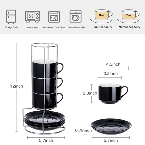 8 Ounce Stackable Cappuccino Cups with Saucers and Metal Stand