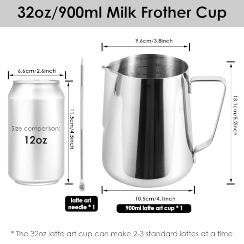 32oz Stainless Steel Milk Frothing Pitcher with Measurement Marks & Art Pen