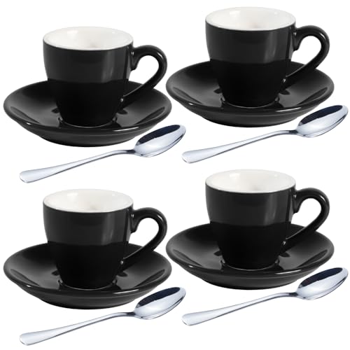Porcelain Espresso Shot Cup Set with Saucers and Stainless Steel Spoons (4 Count)