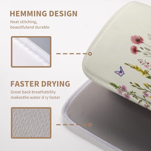 Spring Dish Drying Mat Summer Floral Flowers Kitchen Dish Drying Pad Absorbent Dish Dryer Mat for Kitchen Countertops Microfiber Dishes Drainer Pad Dish Drying Rack Mat