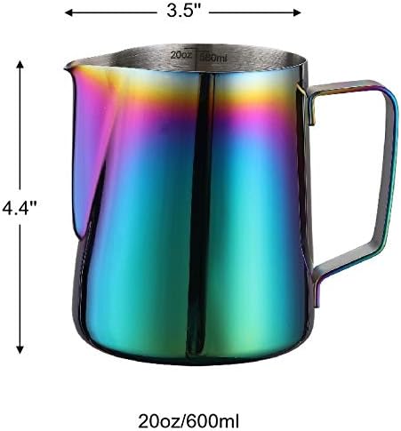 Milk Frothing Pitcher 20oz Stainless Steel Cup Perfect for Latte Art,Espresso Maker,Cappuccino Maker-18/8 Stainless Steel Milk Frother Steaming Pitcher Rainbow Color 600ml