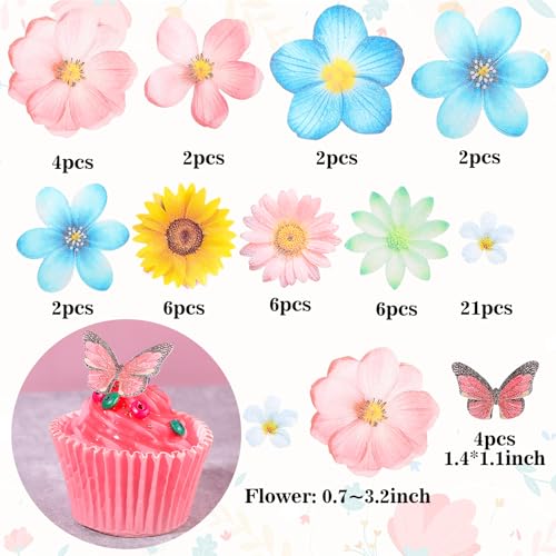 55 Pcs Edible Flowers & Butterflies Cake Decorations (55 Count)