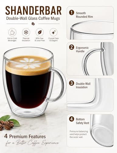 12oz Double Walled Glass Coffee Mugs with Handles (4 Count)