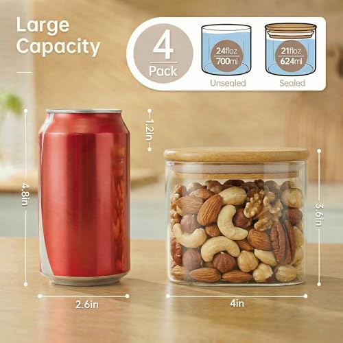 21 oz Square Glass Food Storage Containers with Airtight Bamboo Lids (4 Count)