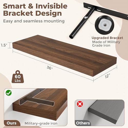 36 Inch Walnut Floating Shelves for Wall (2 Count)