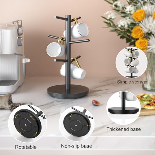 Coffee Mug Holder Tree Upgraded 360Rotated Cup Holder for Counter Black Wood Cup Tree Mug Rack Organizer Stand with 6 Hooks for Kitchen Coffee Bar Accessories