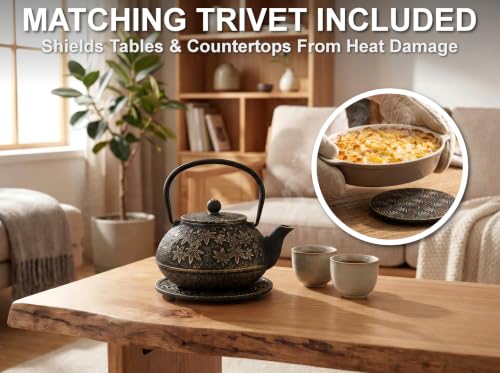 40 Oz Black Maple Leaf Cast Iron Teapot