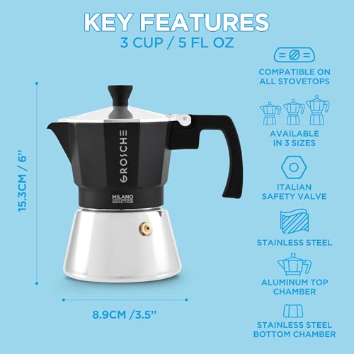 Milano Induction Stovetop Espresso Maker Moka Pot 3 Cup