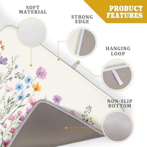 Spring Floral Dish Drying Mat 18"x24" Watercolor Summer Wildflower Dish Drainer Mats Herb Flower Reversible Absorbent Dish Drying Pad Decor for Kitchen Countertop Dining Room