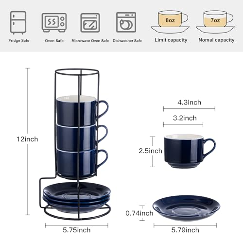 8 Ounce Porcelain Stackable Cappuccino Cups and Saucers Set of 4 (4 Count)